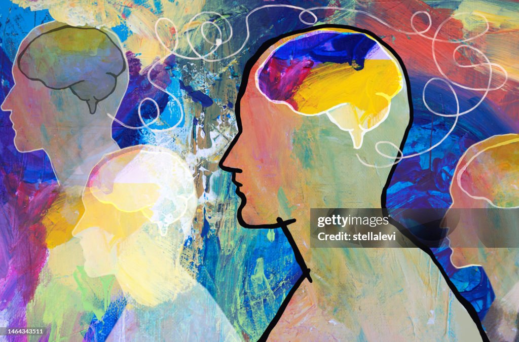 Human heads and brains- thoughts concept, telepathy, brainstorming,