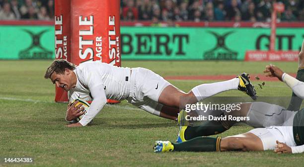 Toby Flood of England dives over for a try during the second test match between South Africa and England at Ellis Park on June 16, 2012 in...