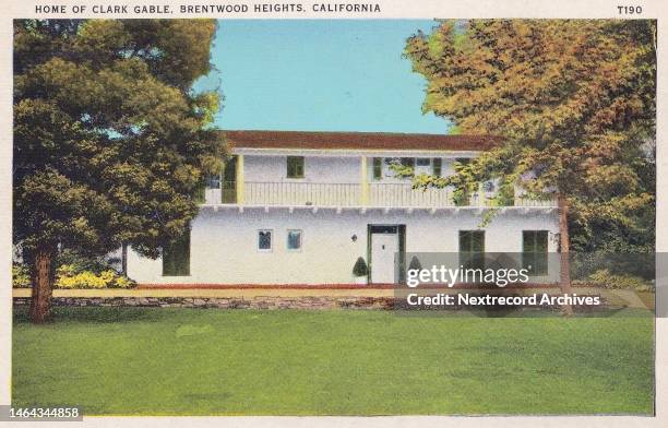 Vintage souvenir postcard published circa 1937 from the Homes of the Stars series, depicting mansions and grand estates of Hollywood celebrities in...