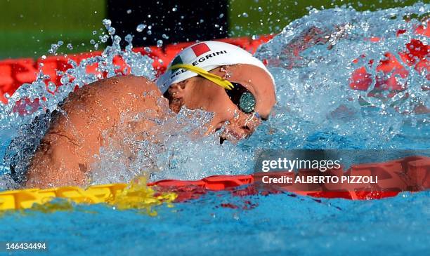 Italian Federica Pellegrini competes in the women’s 200mt freestyle final at the Settecolli trophy on June 16, 2012 at Rome’s Foro Italico. AFP PHOTO...