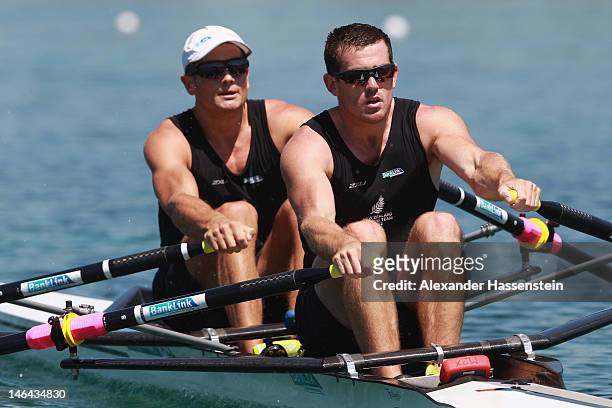 Joseph Sullivan and Nathan Cohen of New Zealand compete in the Men´s Double Scull heats during the 2012 Samsung World Rowing Cup III at the...