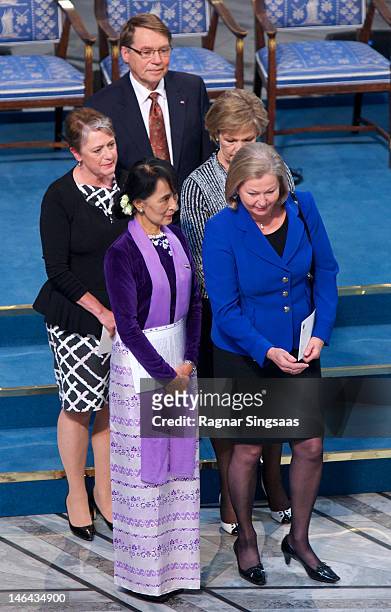 Nobel Laureate Aung San Suu Kyi attends the Nobel Peace Prize lecture at Oslo City Hall on June 16, 2012 in Oslo, Norway. Aung San Suu Kyi was...