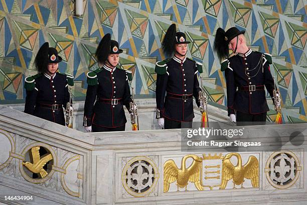 Soldiers prepare for the Nobel Peace Prize lecture by Laureate Aung San Suu Kyi at Oslo City Hall on June 16, 2012 in Oslo, Norway. Aung San Suu Kyi...