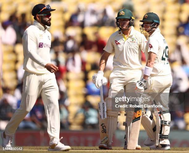 Marnus Labuschagne and Steve Smith of Australia talk to each other during day one of the First Test match in the series between India and Australia...