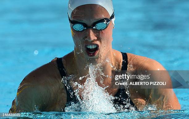 Denmark Moller Rikke Pedersen competes during the women’s 200mt Breaststroke at the Settecolli trophy on June 16, 2012 at Rome’s Foro Italico. AFP...