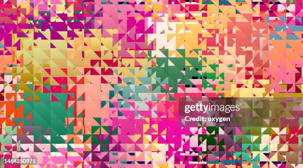 abstract kaleidoscope mosaic glass distorted seamless pattern background. purple pink green yellow colored triangle shapes - trendy fabric pattern stock pictures, royalty-free photos & images