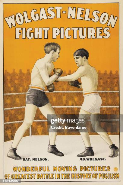 Poster advertises a boxing documentary film about a 1910 lightweight bout between Battling Nelson and Adolph Wolgast, early 20th century.