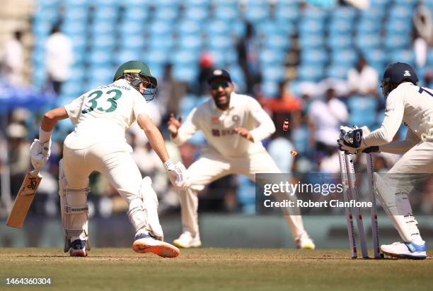 Bharat of India stumps Marnus Labuschagne of Australia during day one of the First Test match in the series between India and Australia at Vidarbha...