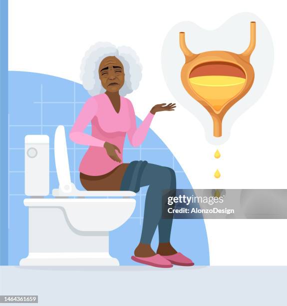 ilustrações, clipart, desenhos animados e ícones de mulher afro-americana sênior com problemas de incontinência urinária. - menopause