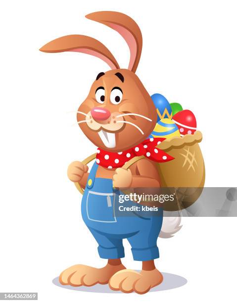 osterhase trägt einen korb voller ostereier - osterhase stock-grafiken, -clipart, -cartoons und -symbole