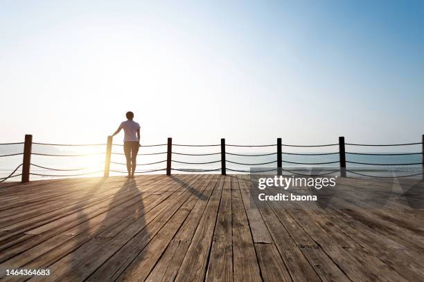 donna che guarda il mare sulla spiaggia - passerella di legno foto e immagini stock