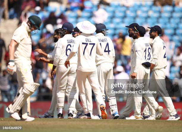 Ravindra Jadeja of India celebrates taking the wicket of Steve Smith of Australia during day one of the First Test match in the series between India...