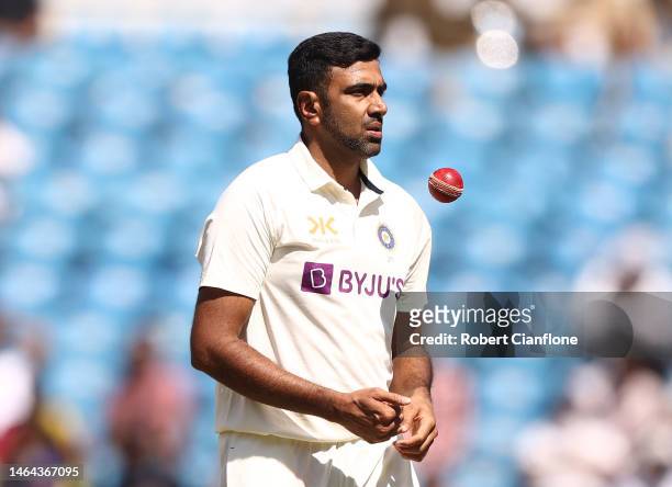 Ravichandran Ashwin of India prepares to bowl during day one of the First Test match in the series between India and Australia at Vidarbha Cricket...