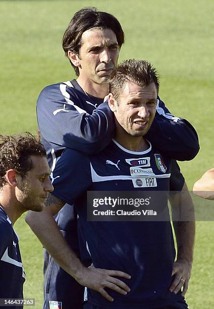 Gianluigi Buffon and Antonio Cassano of Italy during a UEFA EURO 2012 training session at Marshal Józef Pilsudski Stadium on June 16, 2012 in Krakow,...