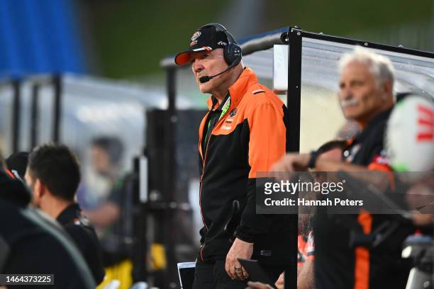 Head coach Tim Sheens of the Tigers looks on during the NRL trial match between New Zealand Warriors and Wests Tigers at Mt Smart Stadium on February...