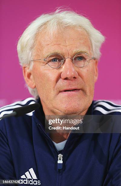 In this handout image provided by UEFA, head coach Morten Olsen of Denmark talks to the media during a UEFA EURO 2012 press conference at the Arena...