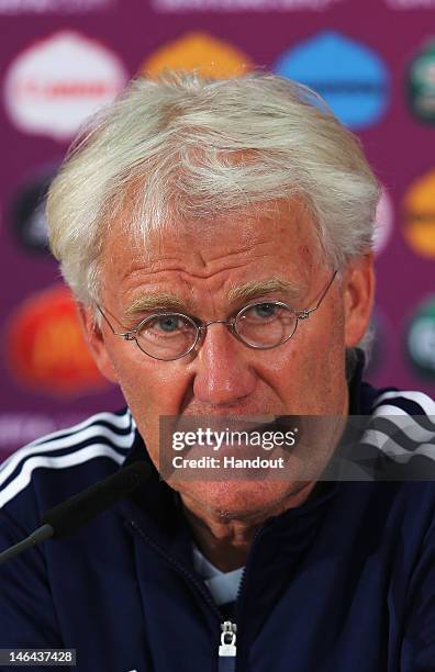 In this handout image provided by UEFA, head coach Morten Olsen of Denmark talks to the media during a UEFA EURO 2012 press conference at the Arena...