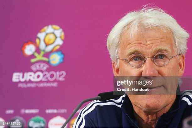 In this handout image provided by UEFA, head coach Morten Olsen of Denmark talks to the media during a UEFA EURO 2012 press conference at the Arena...