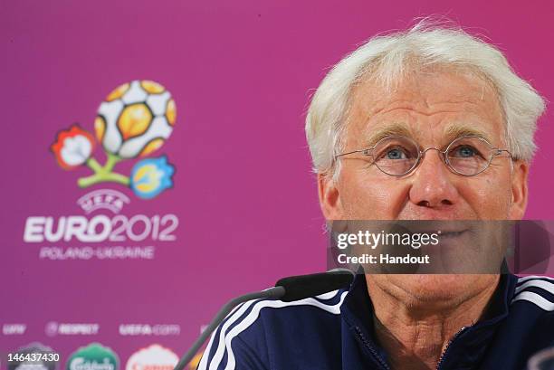 In this handout image provided by UEFA, head coach Morten Olsen of Denmark talks to the media during a UEFA EURO 2012 press conference at the Arena...