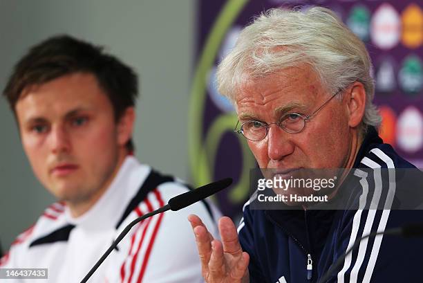In this handout image provided by UEFA, head coach Morten Olsen of Denmark talks to the media during a UEFA EURO 2012 press conference at the Arena...