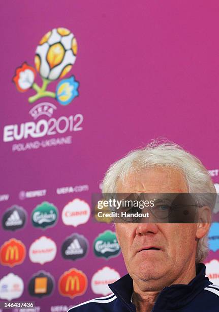 In this handout image provided by UEFA, head coach Morten Olsen of Denmark talks to the media during a UEFA EURO 2012 press conference at the Arena...