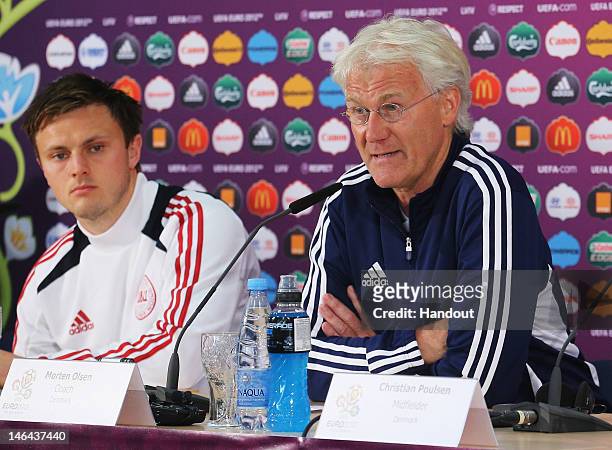 In this handout image provided by UEFA, head coach Morten Olsen of Denmark talks to the media during a UEFA EURO 2012 press conference at the Arena...