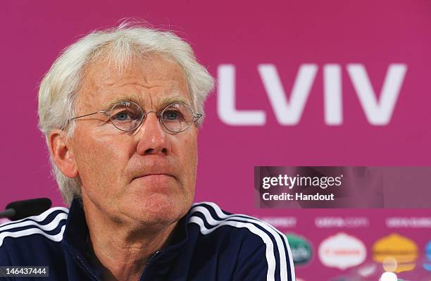 In this handout image provided by UEFA, head coach Morten Olsen of Denmark talks to the media during a UEFA EURO 2012 press conference at the Arena...