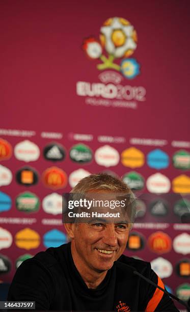 In this handout image provided by UEFA, Coach Bert van Marwijk of Netherlands talks to the media during a UEFA EURO 2012 press conference at the...