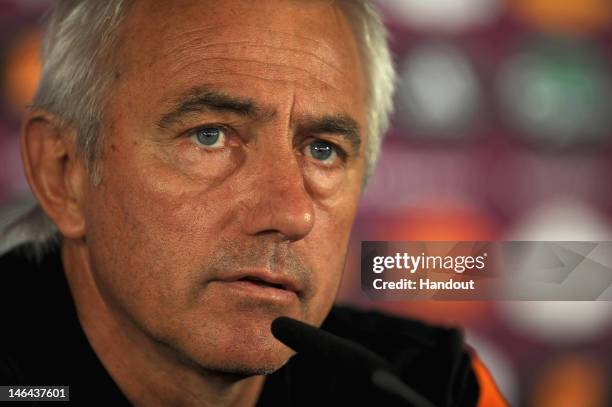 In this handout image provided by UEFA, Coach Bert van Marwijk of Netherlands talks to the media during a UEFA EURO 2012 press conference at the...