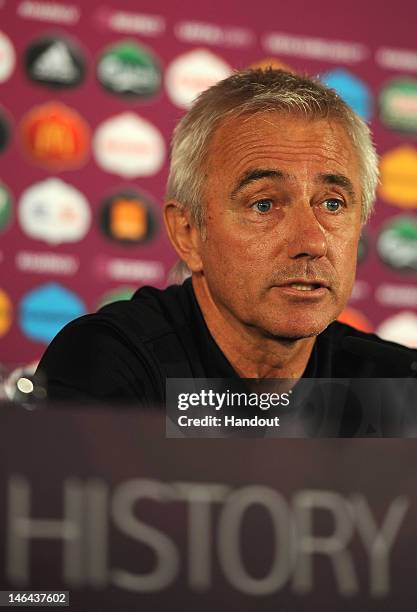 In this handout image provided by UEFA, Coach Bert van Marwijk of Netherlands talks to the media during a UEFA EURO 2012 press conference at the...