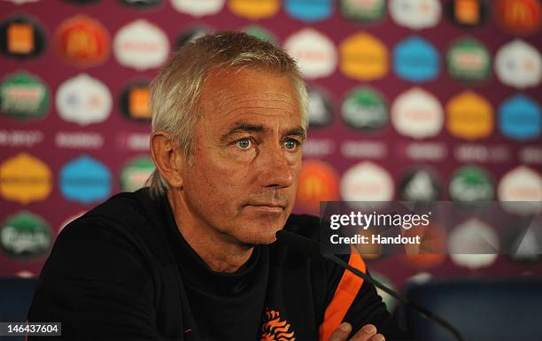 In this handout image provided by UEFA, Coach Bert van Marwijk of Netherlands talks to the media during a UEFA EURO 2012 press conference at the...