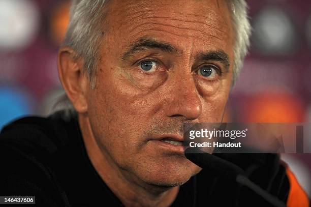 In this handout image provided by UEFA, Coach Bert van Marwijk of Netherlands talks to the media during a UEFA EURO 2012 press conference at the...