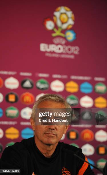 In this handout image provided by UEFA, Coach Bert van Marwijk of Netherlands talks to the media during a UEFA EURO 2012 press conference at the...