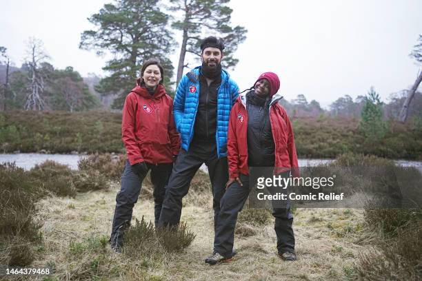 Emma Willis, Oti Mabuse and Rylan during day 1 of Frozen': Emma, Oti and Rylan's Red Nose Day Challenge on the February 8,2023 in the Scottish...