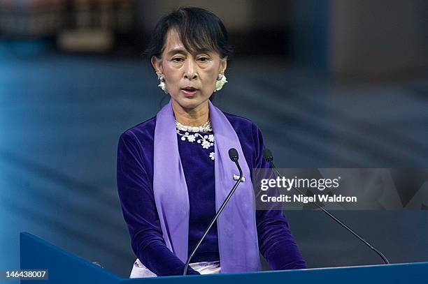 Nobel Peace Prize laureate Aung San Suu Kyi of Burma delivers her acceptance speech during a Nobel Peace Prize lecture at Oslo City Hall on June 16,...