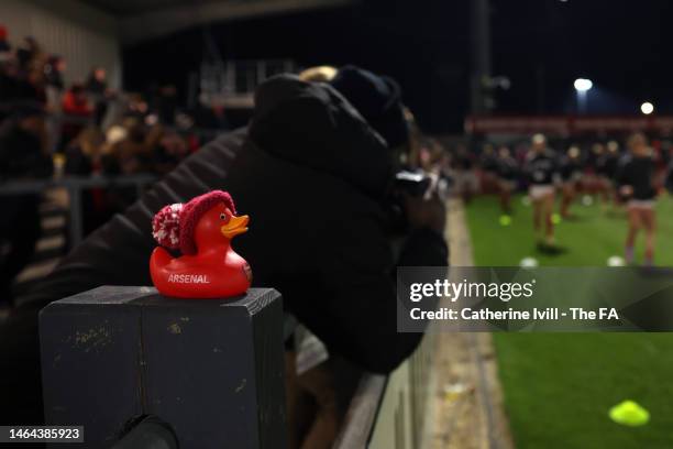 An Arsenal rubber duck sits on the post ahead of the FA Women's Continental Tyres League Cup Semi Final match between Arsenal and Manchester City at...