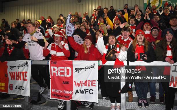 Arsenal Women fans after the FA Women's Continental Tyres League Cup Semi Final match between Arsenal and Manchester City at Meadow Park on February...