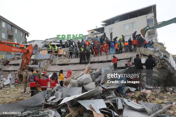Search and rescue operations in building debris on February 8, 2023 in Malatya, Türkiye. An earthquake with a magnitude of 7.8 occurred in the...