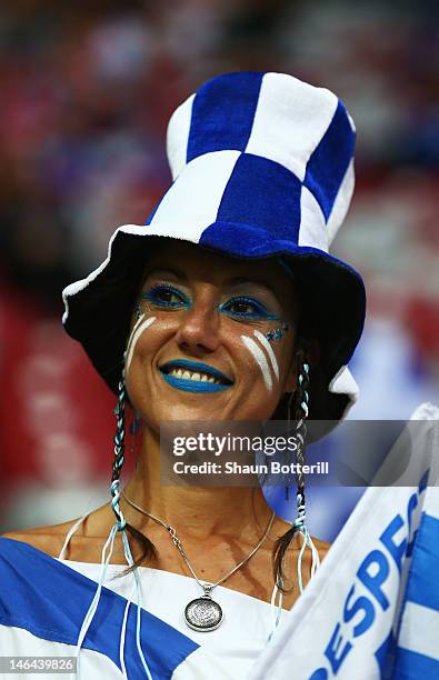 Greece fan enjoys the atmosphere ahead of the UEFA EURO 2012 group A match between Greece and Russia at The National Stadium on June 16, 2012 in...