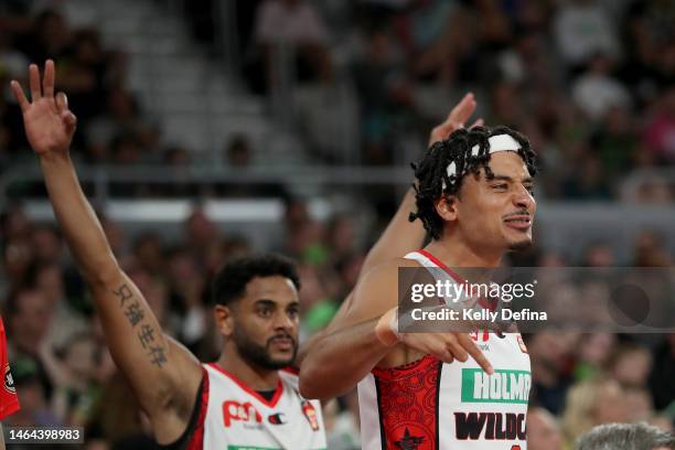 Tai Webster of the Wildcats and Corey Webster of the Wildcats celebrate the win during the NBL Play In match between South East Melbourne Phoenix and...