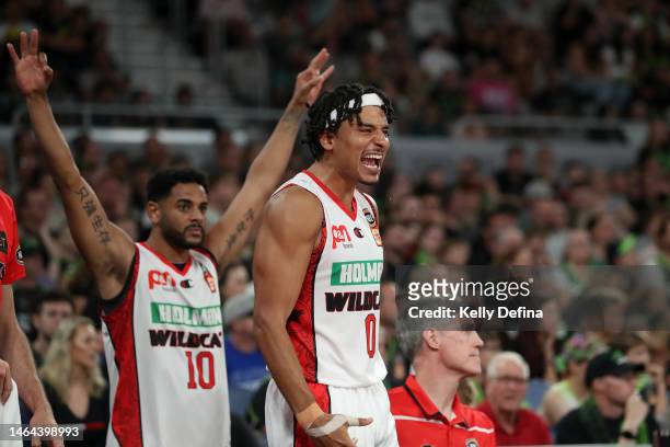 Tai Webster of the Wildcats and Corey Webster of the Wildcats celebrate the win during the NBL Play In match between South East Melbourne Phoenix and...