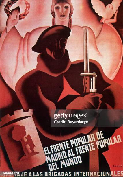 Poster entitled 'El Frente Popular De Madrid al Frente Popular Del Mundo' , Spain, 1937. Homage to the International Brigades.