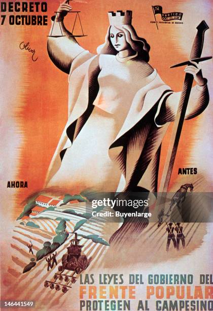 Poster entitled 'Las Leyes del Gobierno del Frente Popular Protegen Al Campesino' , Spain, 1937. Lady Liberty wears the crown of a castle and holds...