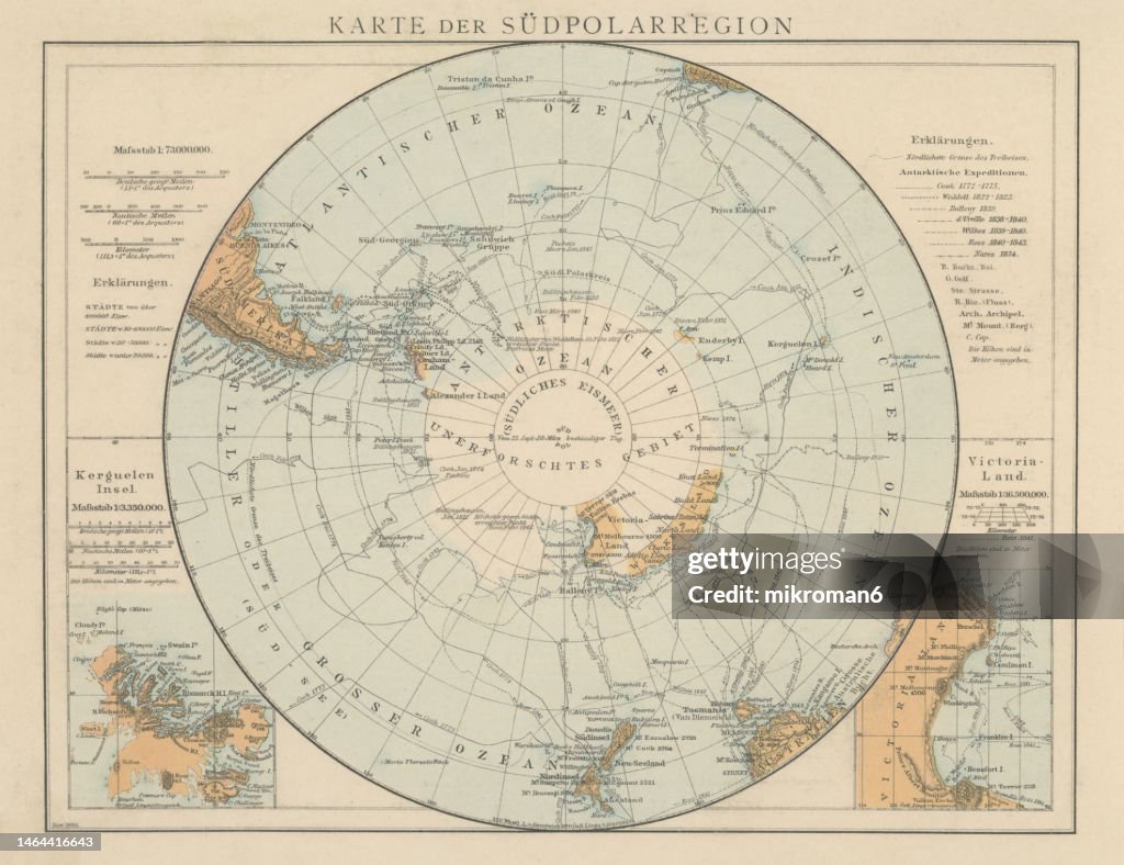 Old chromolithograph illustration of map of South Polar Regions - Map of Antarctica