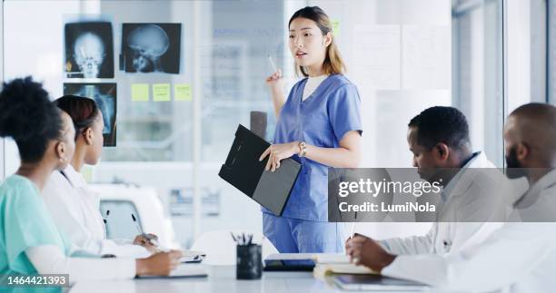 mulher asiática, médico e reunião com tablet em apresentação para plano, cronograma ou brainstorm na sala de reuniões. líder japonesa treinando médicos em discussão de colaboração para a saúde - executivo chefe de operações - fotografias e filmes do acervo