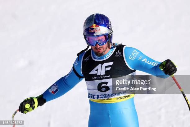 Dominik Paris of Italy looks dejected after not finishing their run during Men's Super G at the FIS Alpine World Championships on February 09, 2023...
