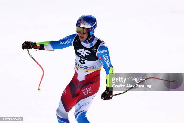 Alexis Pinturault of France celebrates following their run during Men's Super G at the FIS Alpine World Championships on February 09, 2023 in...