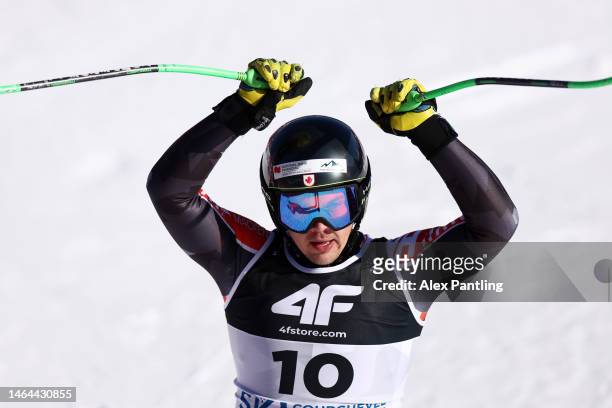 James Crawford of Canada celebrates following their run during Men's Super G at the FIS Alpine World Championships on February 09, 2023 in...