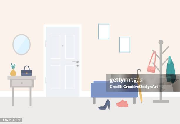 front door entrance to house with hassock, coat hook, drawer and mirror in corridor - domestic life stock illustrations