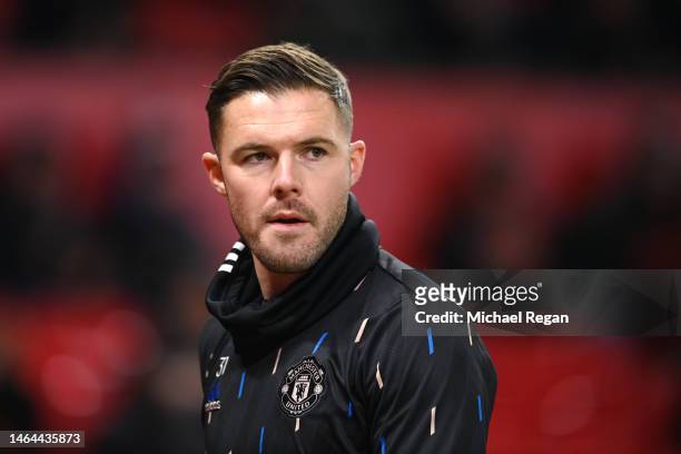 Jack Butland of Manchester United looks on before the Premier League match between Manchester United and Leeds United at Old Trafford on February 08,...